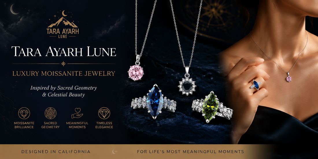 Moissanite pendant necklaces collection — halo, kinetic, emerald-cut and colored moissanite designs in 14K gold | TARA AYARH LUNE
