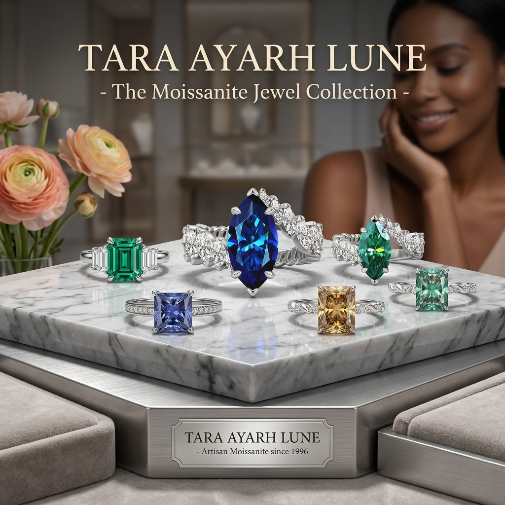 Moissanite vs diamond comparison — brilliant-cut moissanite gemstone with 2.65 refractive index, lab-grown and conflict-free | TARA AYARH LUNE