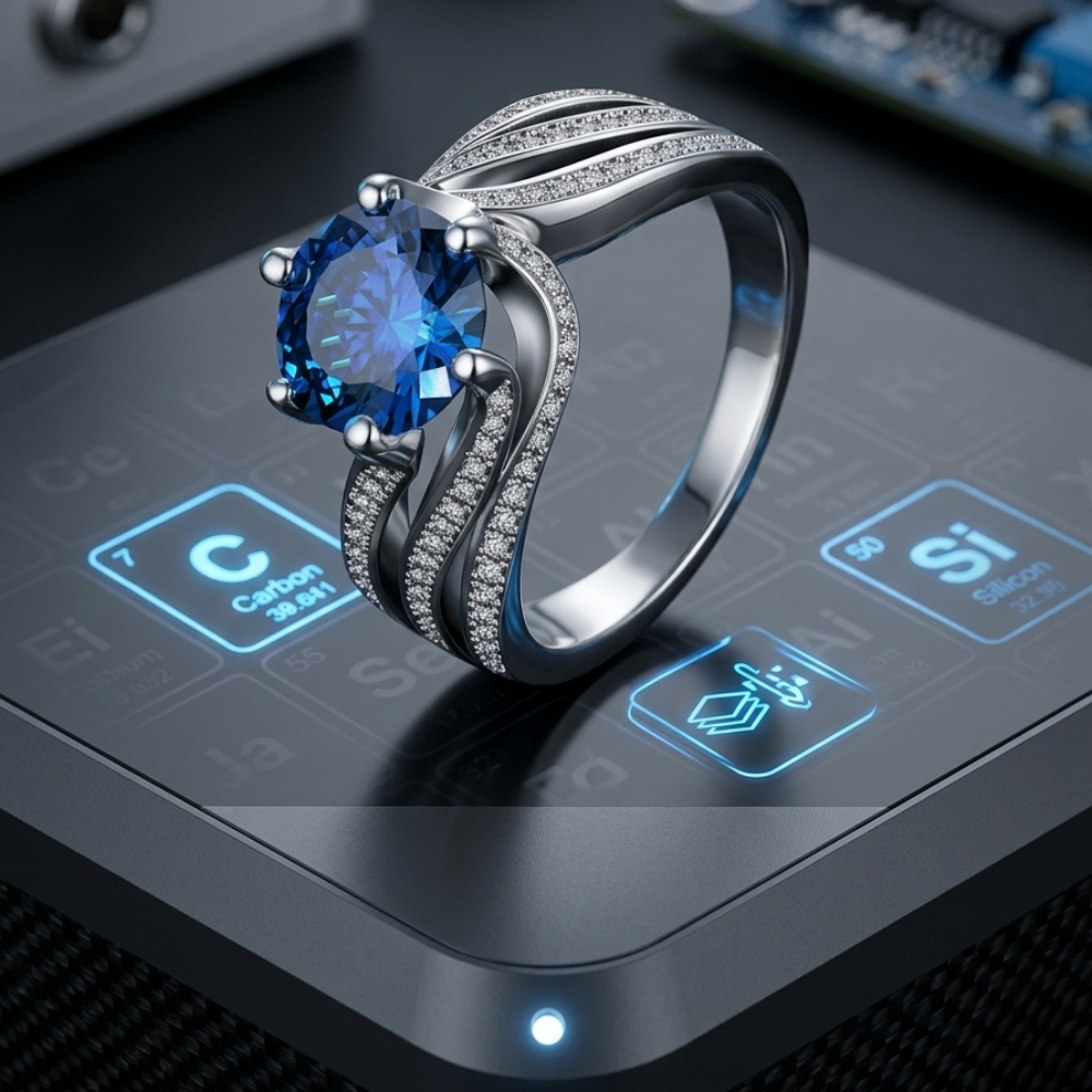 3ct 100-facet blue moissanite triple-shank pavé wave ring — galactic blue, swirl band | TARA AYARH LUNE