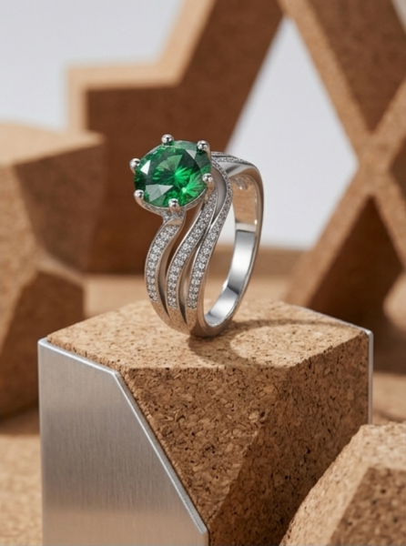 Blue green 100-facet moissanite wave ring on hand — 3ct statement, platinum-plated S925 silver | TARA AYARH LUNE