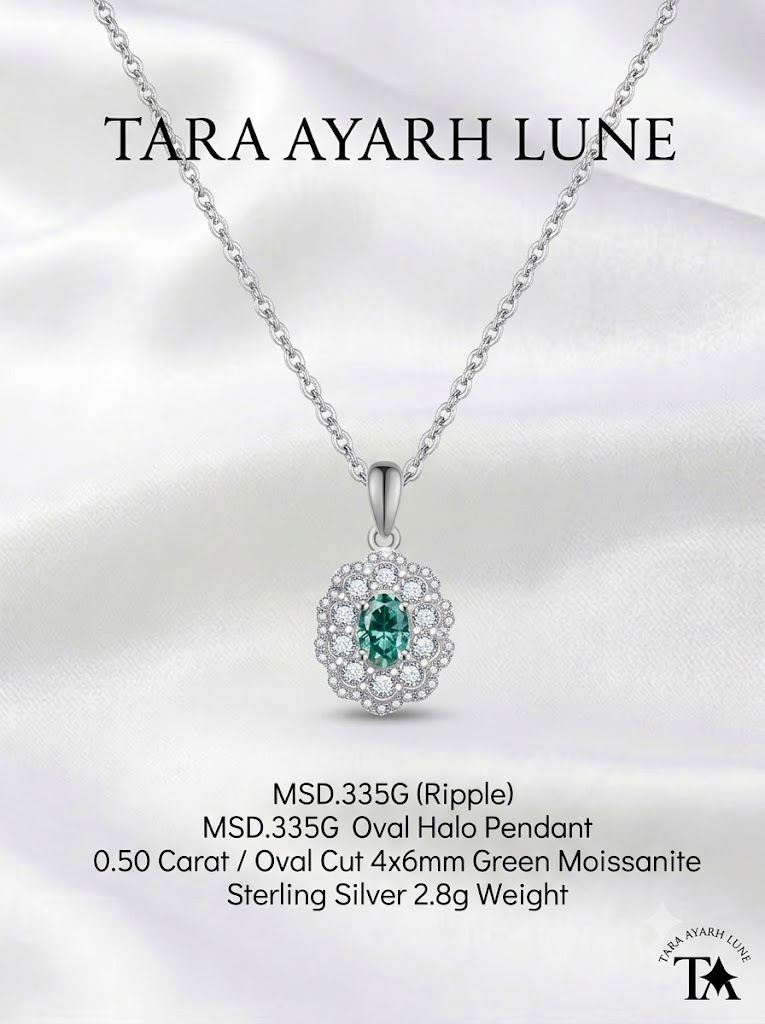 0.5ct Oval-Cut Green Moissanite Double Lace Halo Pendant Necklace | Lace Canopy | TARA AYARH LUNE