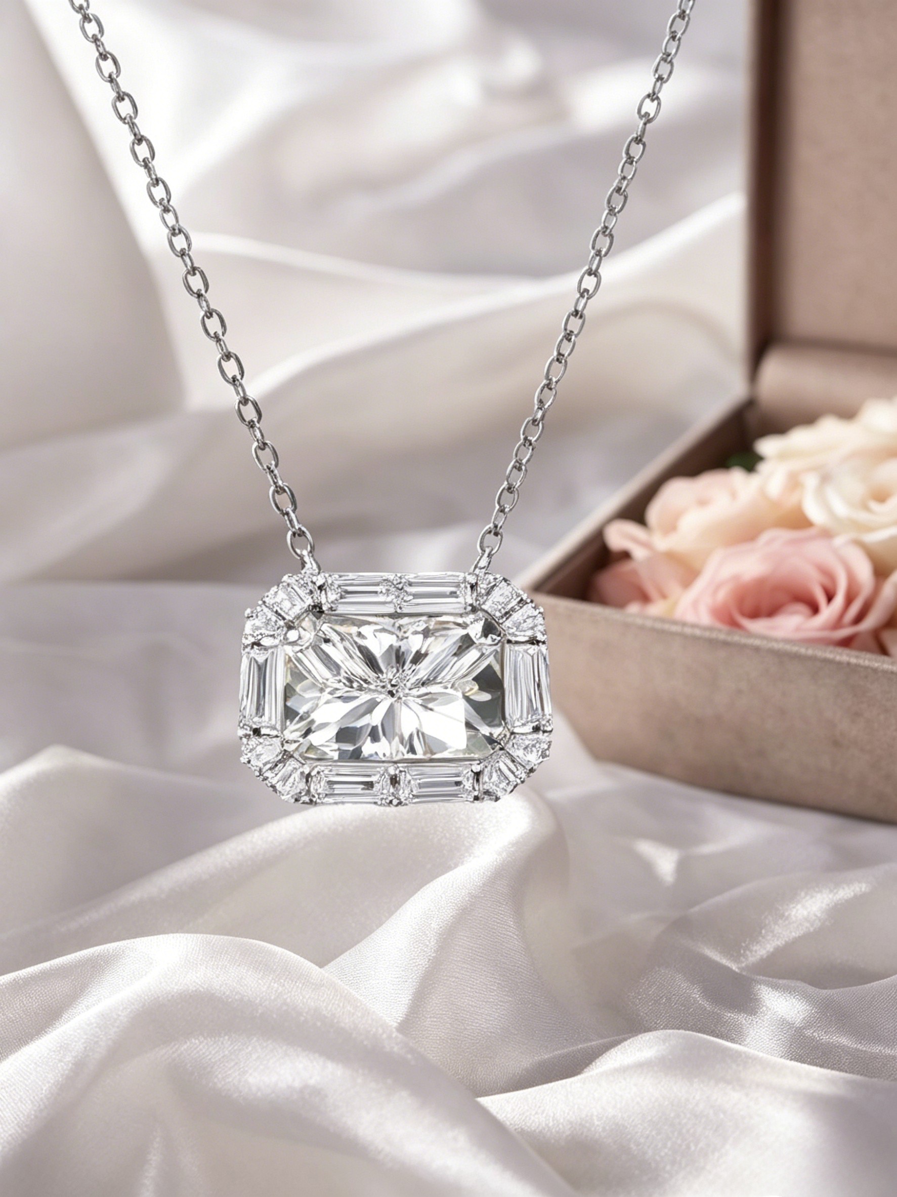 Radiant Cut Moissanite Geometric Halo Pendant Side View | Rhodium-Plated 925 Silver | TARA AYARH LUNE