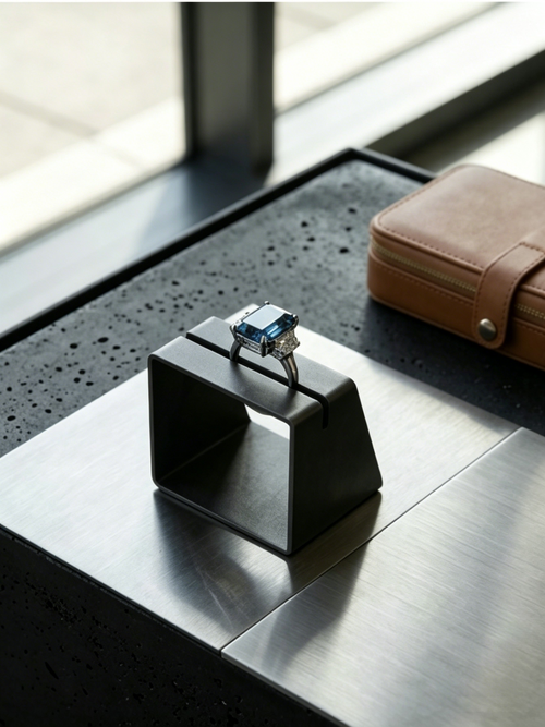 10ct Emerald-Cut Moissanite Three-Stone Ring | Blue & Green Lab-Grown Statement Ring | TARA AYARH LUNE