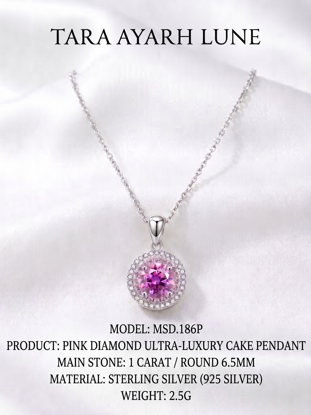 1ct Pink Moissanite Double Halo Pendant Necklace | Luxury Cake Setting | TARA AYARH LUNE