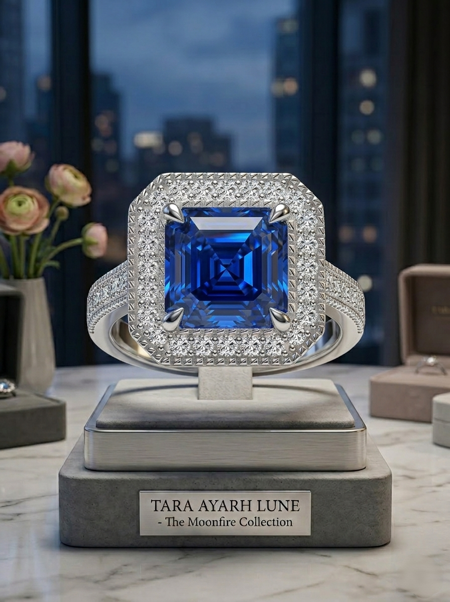 3ct Asscher Cut Moissanite Statement Ring | Grand Horizon Green Blue Ice Options | TARA AYARH LUNE