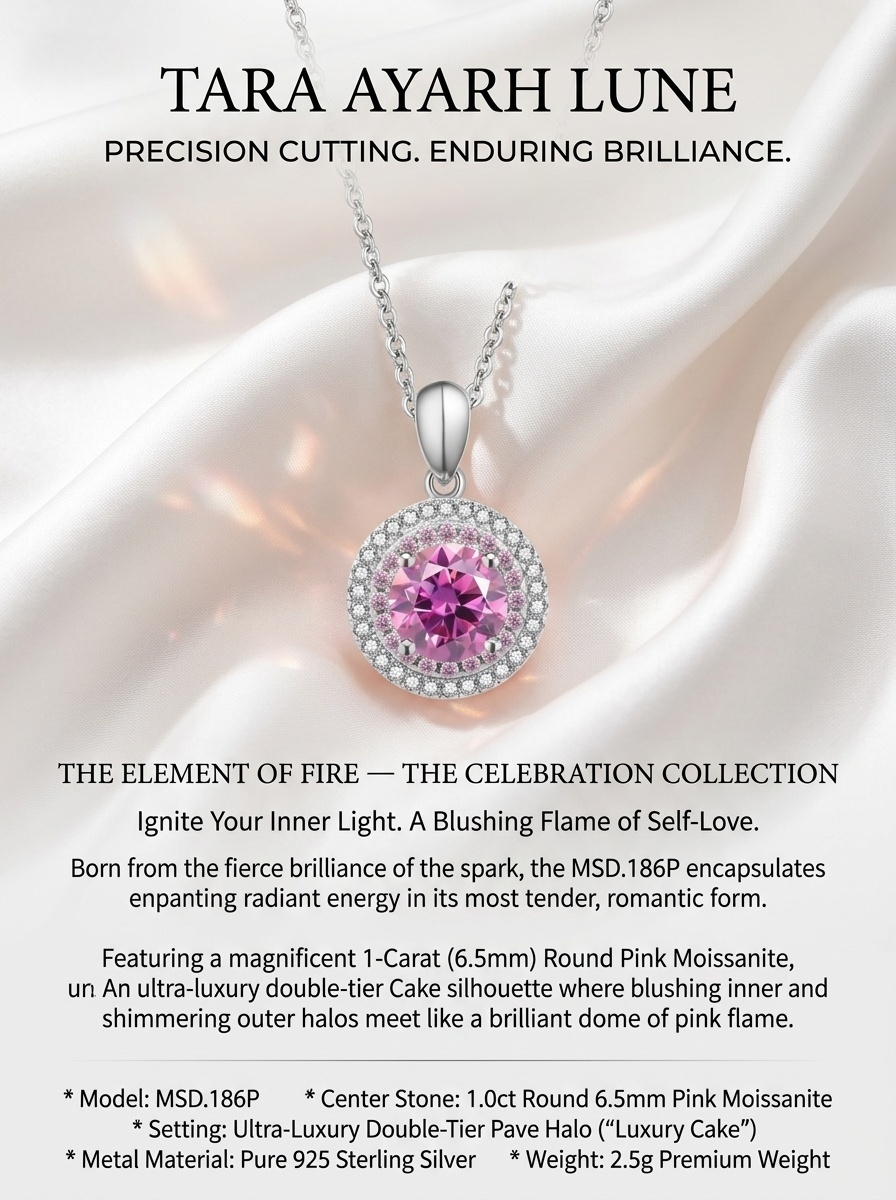 1ct Pink Moissanite Double Halo Pendant Necklace | Luxury Cake Setting | TARA AYARH LUNE