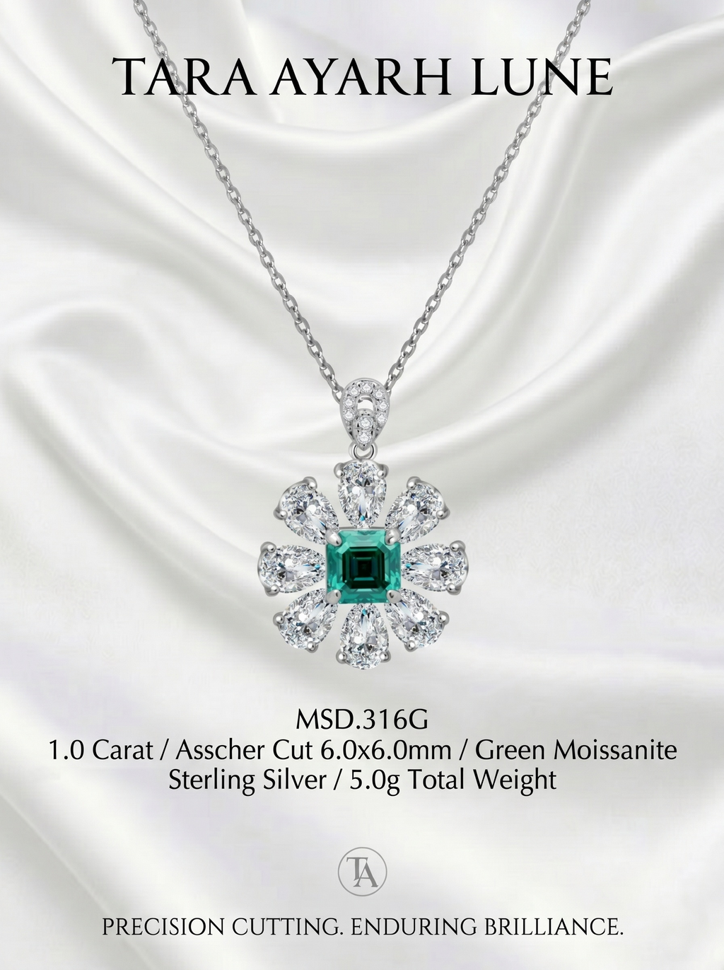 1ct Asscher-Cut Green Moissanite Pear-Shaped Halo Pendant Necklace | Pear Canopy | TARA AYARH LUNE
