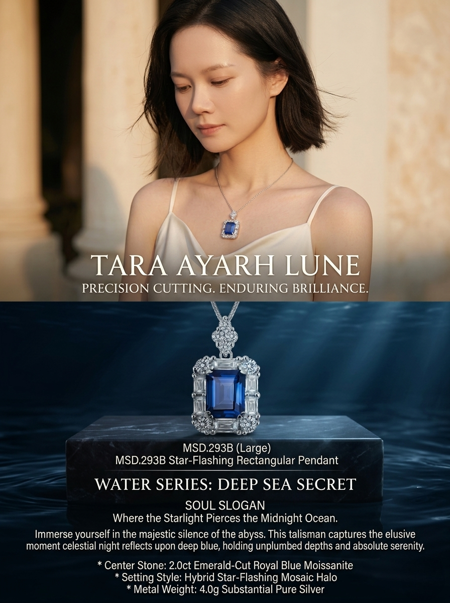 2ct Emerald-Cut Royal Blue Moissanite Star-Flashing Pendant Necklace | Royal Starburst | TARA AYARH LUNE