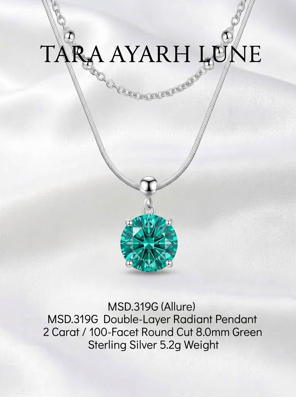 2ct 100-Facet Round-Cut Green Moissanite Double-Layer Pendant Necklace | Dual Canopy | TARA AYARH LUNE
