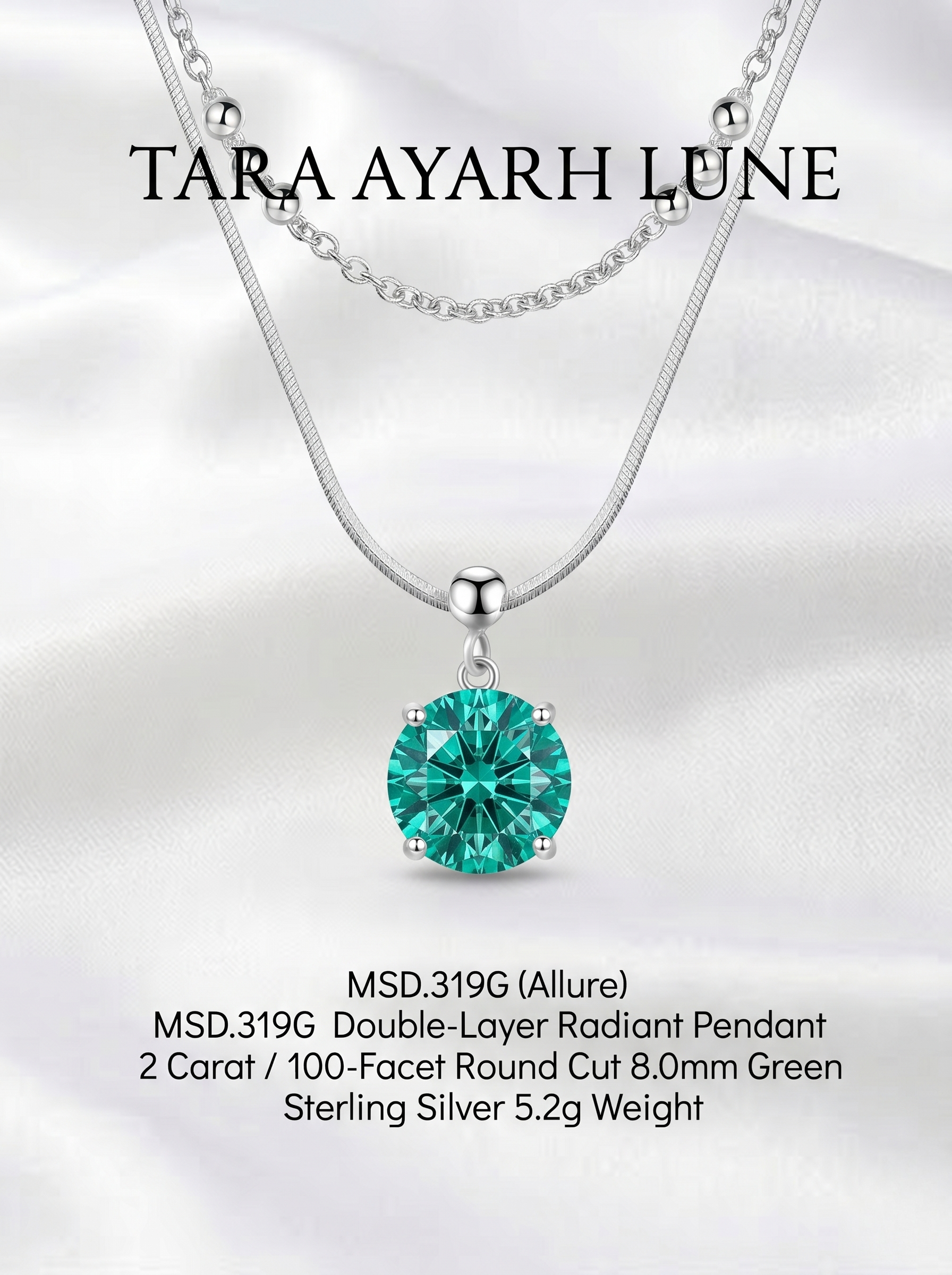 2ct 100-Facet Round-Cut Green Moissanite Double-Layer Pendant Necklace | Dual Canopy | TARA AYARH LUNE