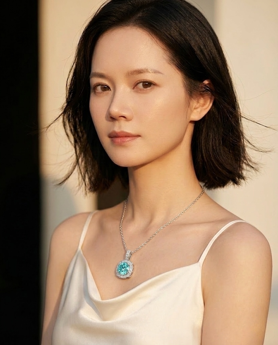 1ct Round-Cut Cyan Moissanite Halo Pendant Necklace | Pisces Tears of the Ocean | TARA AYARH LUNE