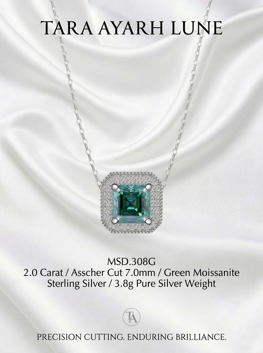 2ct Asscher-Cut Green Moissanite Milgrain Rivet Pendant Necklace | Milgrain Verdure | TARA AYARH LUNE