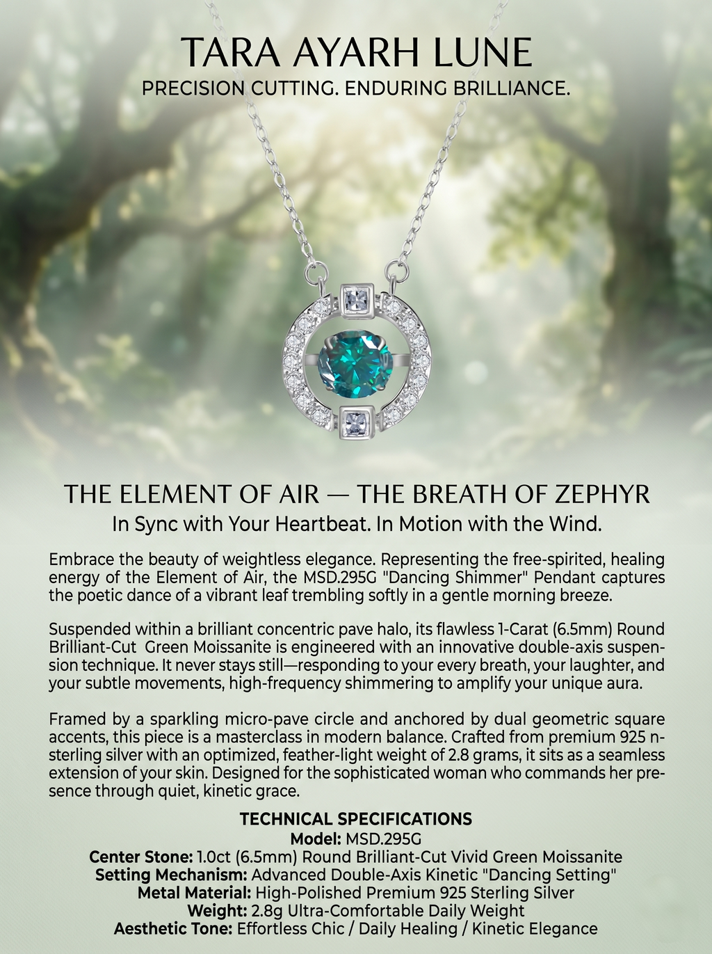 1ct Round-Cut Green Moissanite Kinetic Dancing Pendant Necklace | Kinetic Verdure | TARA AYARH LUNE