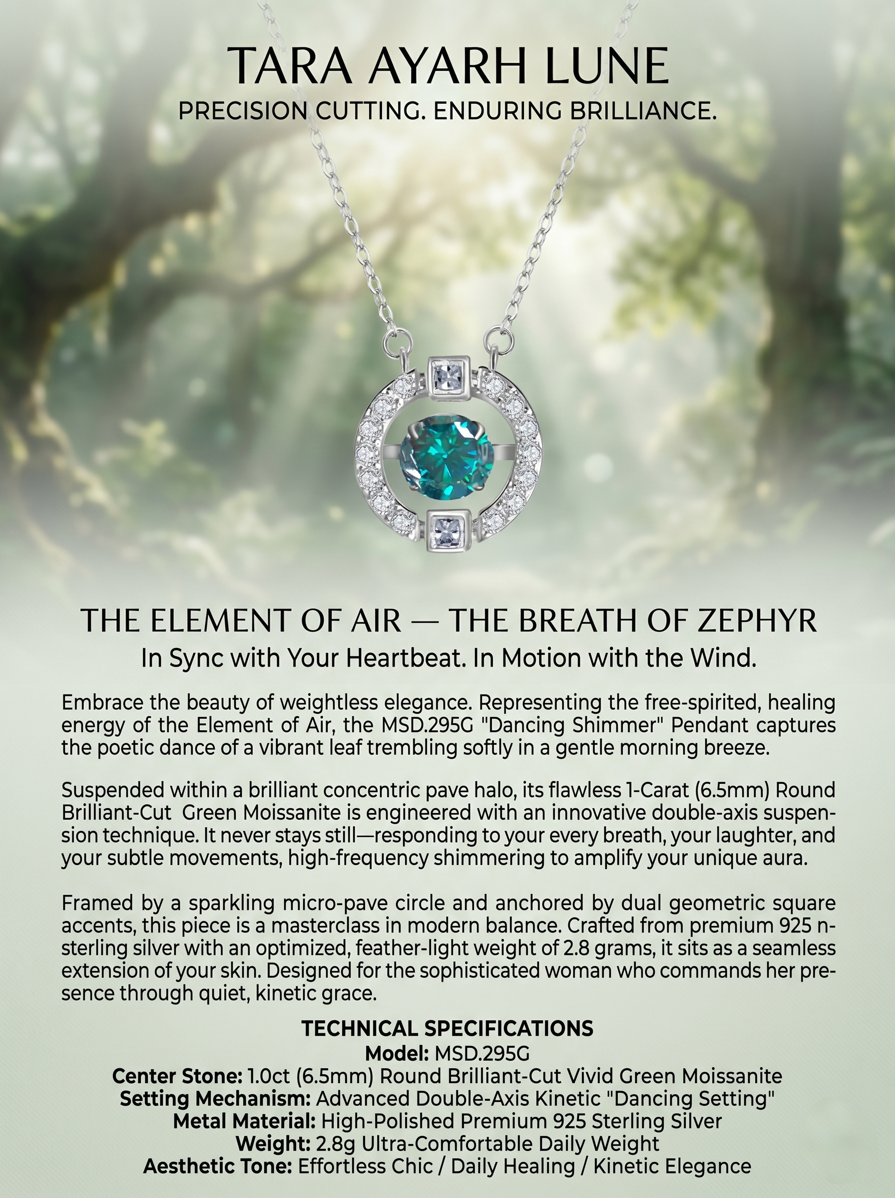 1ct Round-Cut Green Moissanite Kinetic Dancing Pendant Necklace | Kinetic Verdure | TARA AYARH LUNE