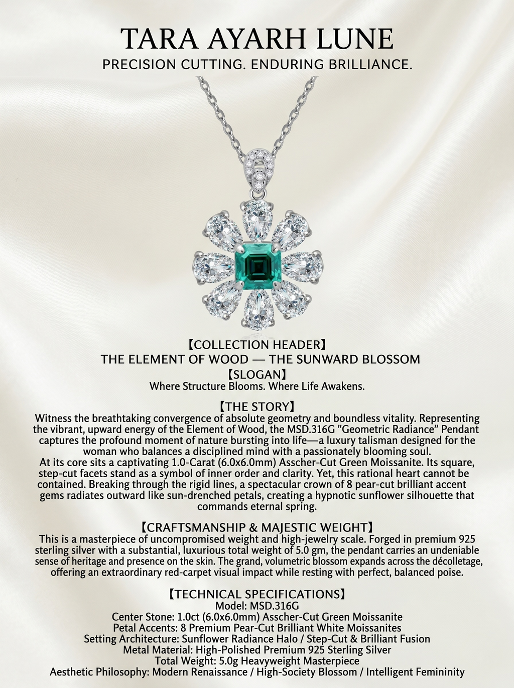 1ct Asscher-Cut Green Moissanite Pear-Shaped Halo Pendant Necklace | Pear Canopy | TARA AYARH LUNE