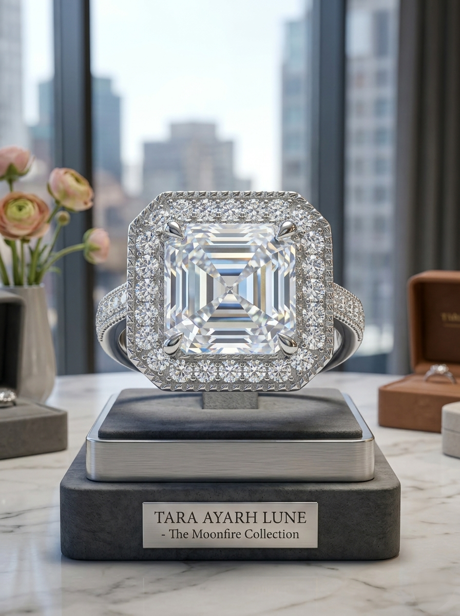 3ct Asscher Cut Moissanite Statement Ring | Grand Horizon Green Blue Ice Options | TARA AYARH LUNE