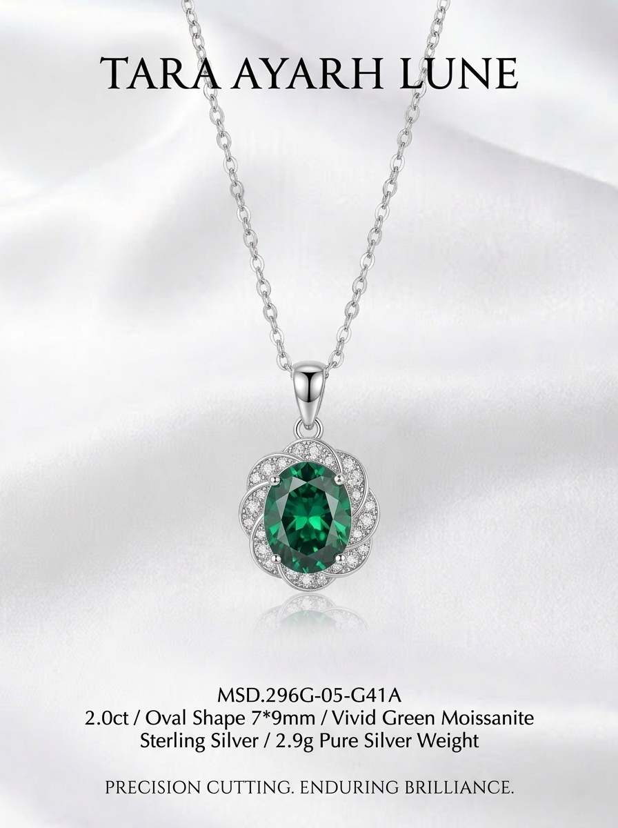 2ct Oval-Cut Green Moissanite Twisted Halo Pendant Necklace | Twisted Canopy | TARA AYARH LUNE