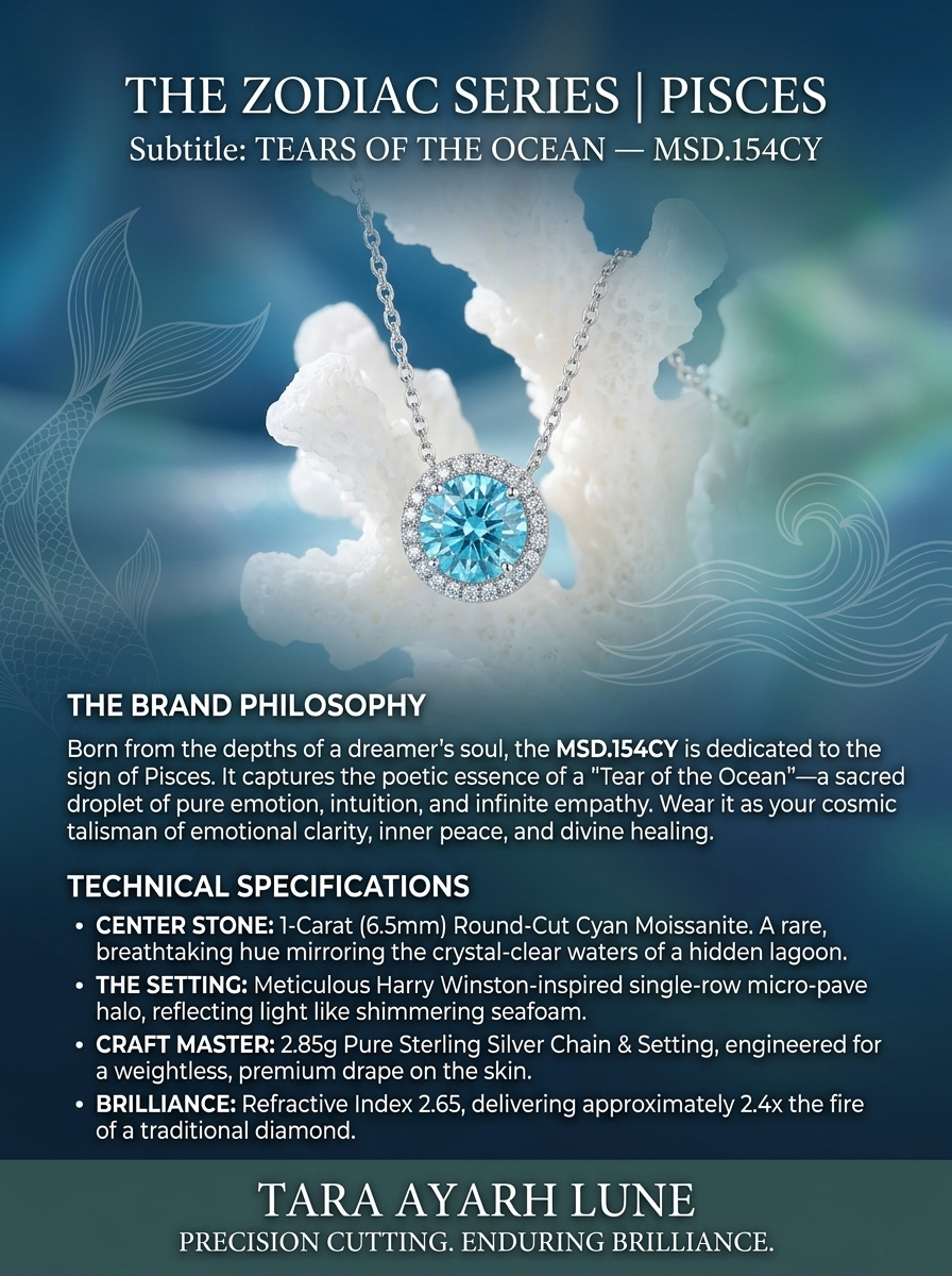1ct Round-Cut Cyan Moissanite Halo Pendant Necklace | Pisces Tears of the Ocean | TARA AYARH LUNE