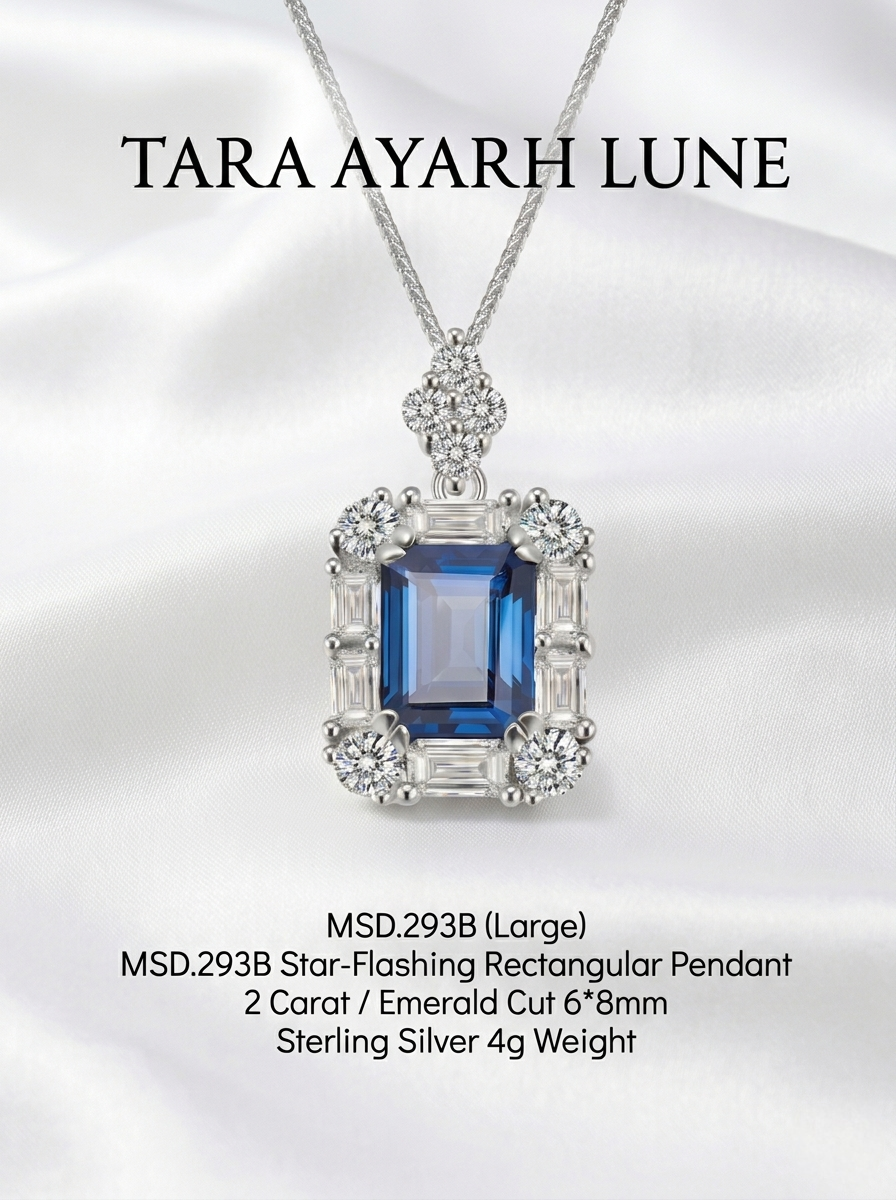 2ct Emerald-Cut Royal Blue Moissanite Star-Flashing Pendant Necklace | Royal Starburst | TARA AYARH LUNE