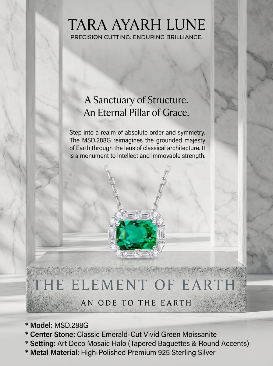 Emerald-Cut Green Moissanite Art Deco Halo Pendant Necklace | Art Deco Verdure | TARA AYARH LUNE