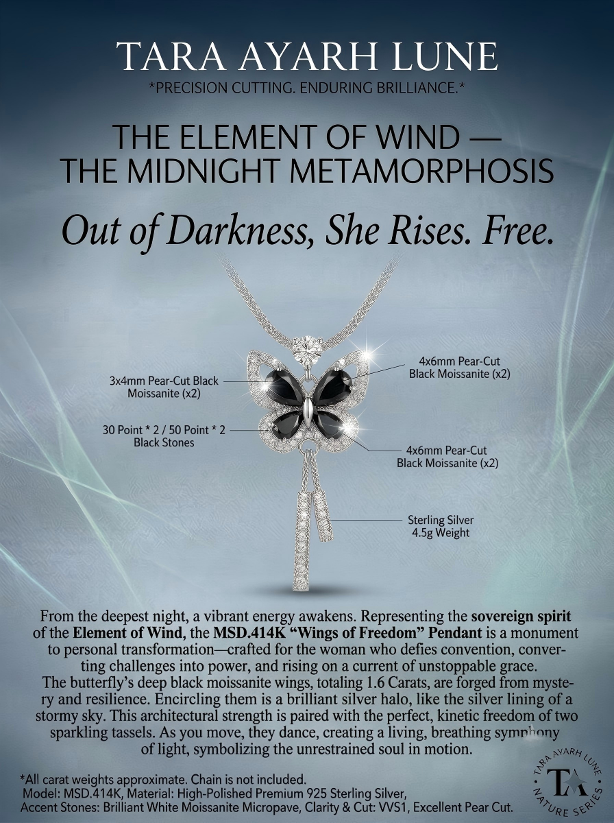 Pear-Cut Black Moissanite Butterfly Tassel Pendant Necklace | Wings of Freedom | TARA AYARH LUNE