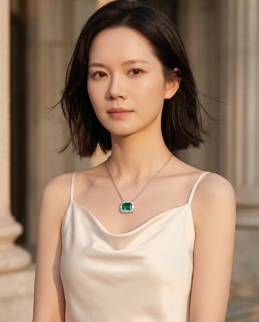 Emerald-Cut Green Moissanite Art Deco Halo Pendant Necklace | Art Deco Verdure | TARA AYARH LUNE