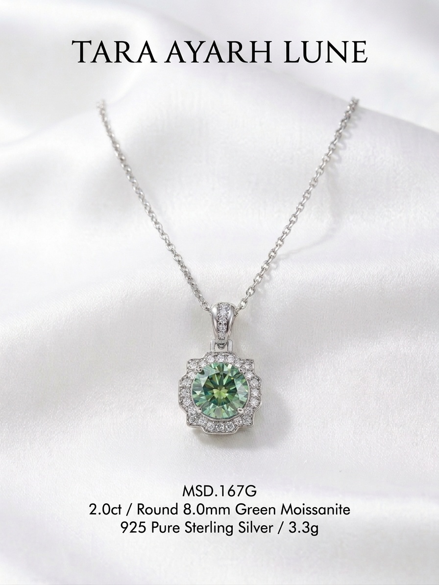 2ct Green Moissanite Halo Pendant Necklace | Forest Sanctuary Nature Setting | TARA AYARH LUNE