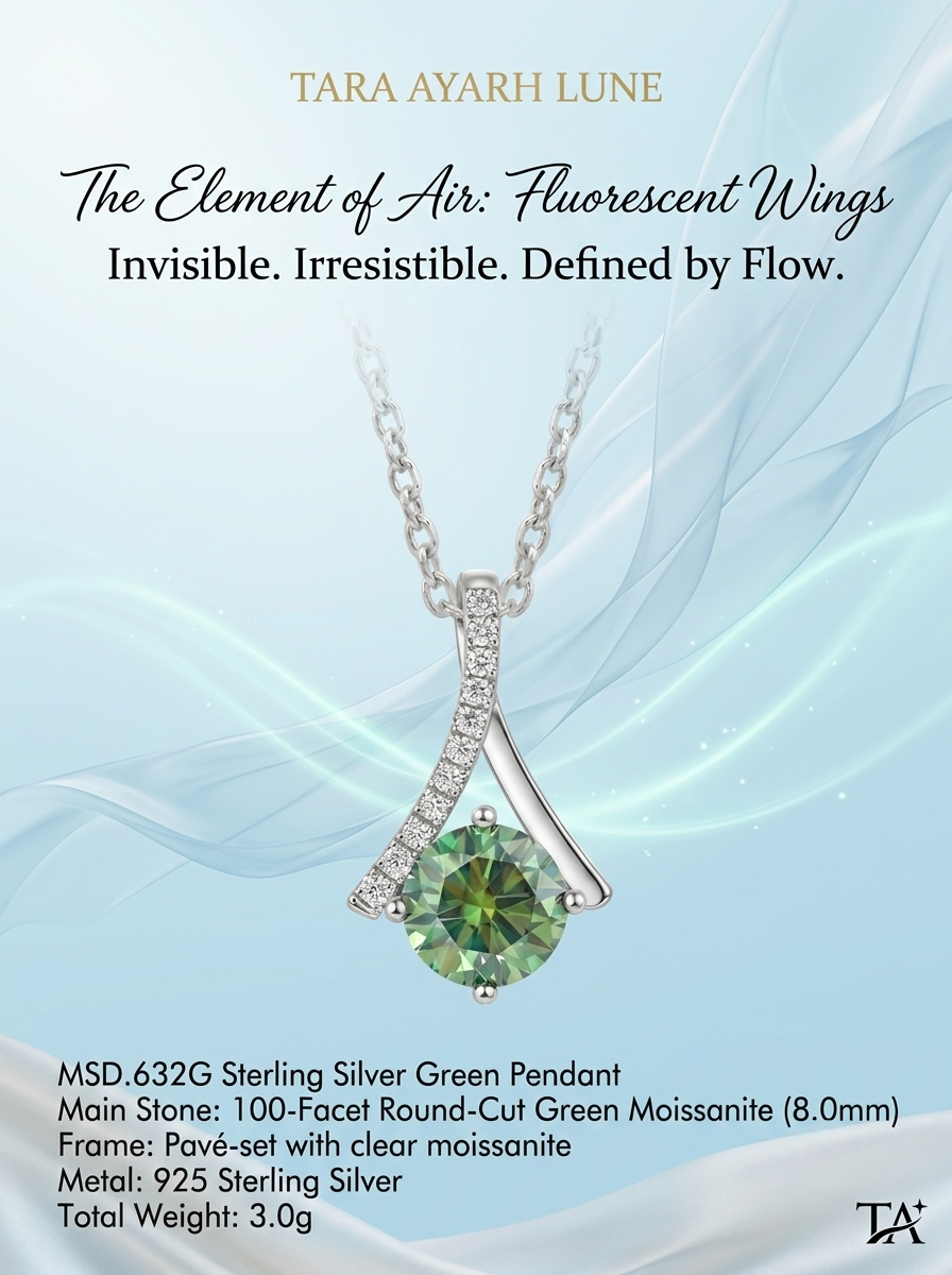 Fluorescent Wings Green Moissanite Pendant Necklace | Element of Air | TARA AYARH LUNE