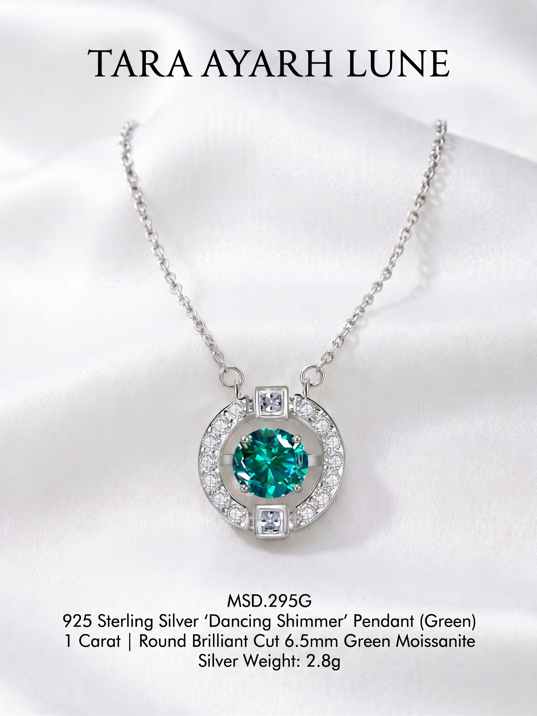 1ct Round-Cut Green Moissanite Kinetic Dancing Pendant Necklace | Kinetic Verdure | TARA AYARH LUNE