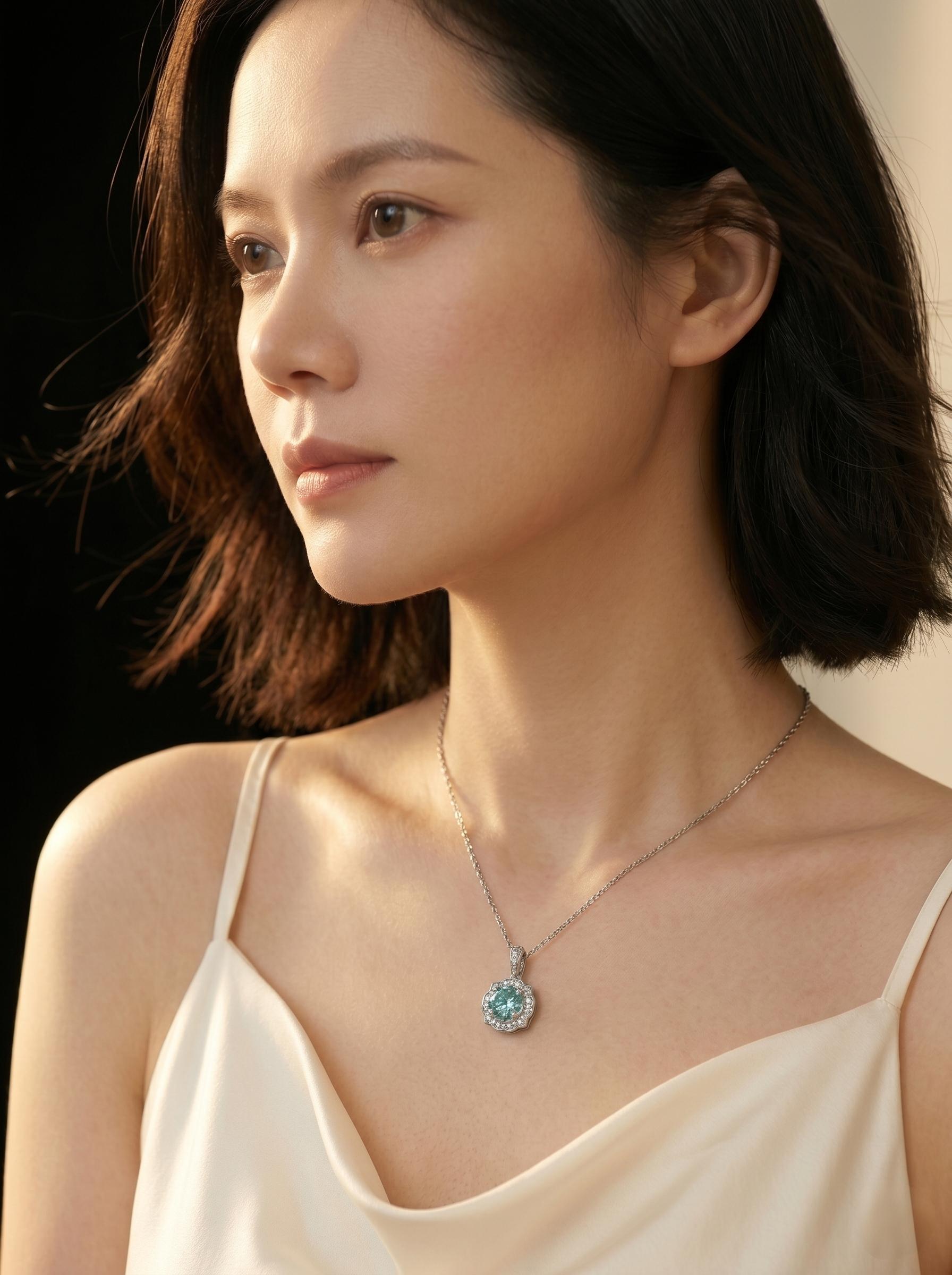 1ct Mint Green Moissanite Cluster Pendant Necklace | Cyan Solitaire Sterling Silver | TARA AYARH LUNE