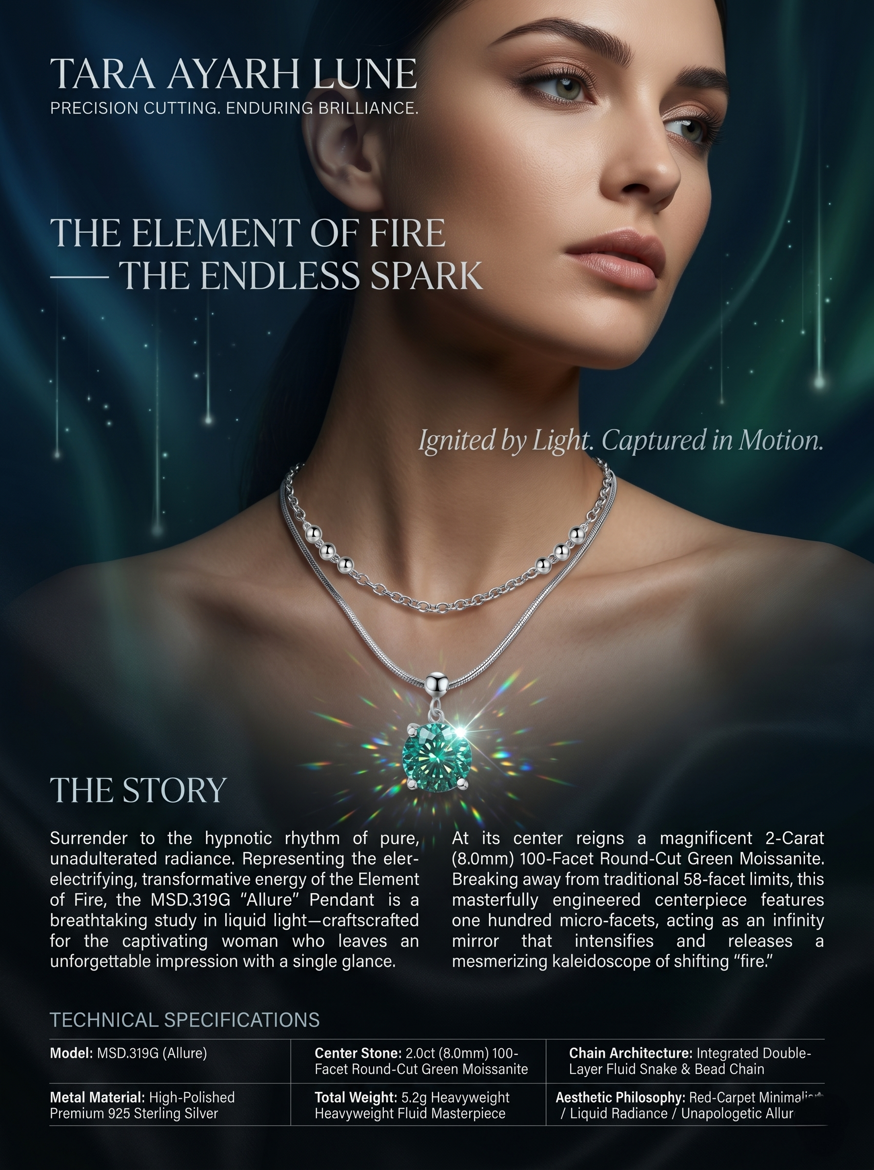 2ct 100-Facet Round-Cut Green Moissanite Double-Layer Pendant Necklace | Dual Canopy | TARA AYARH LUNE