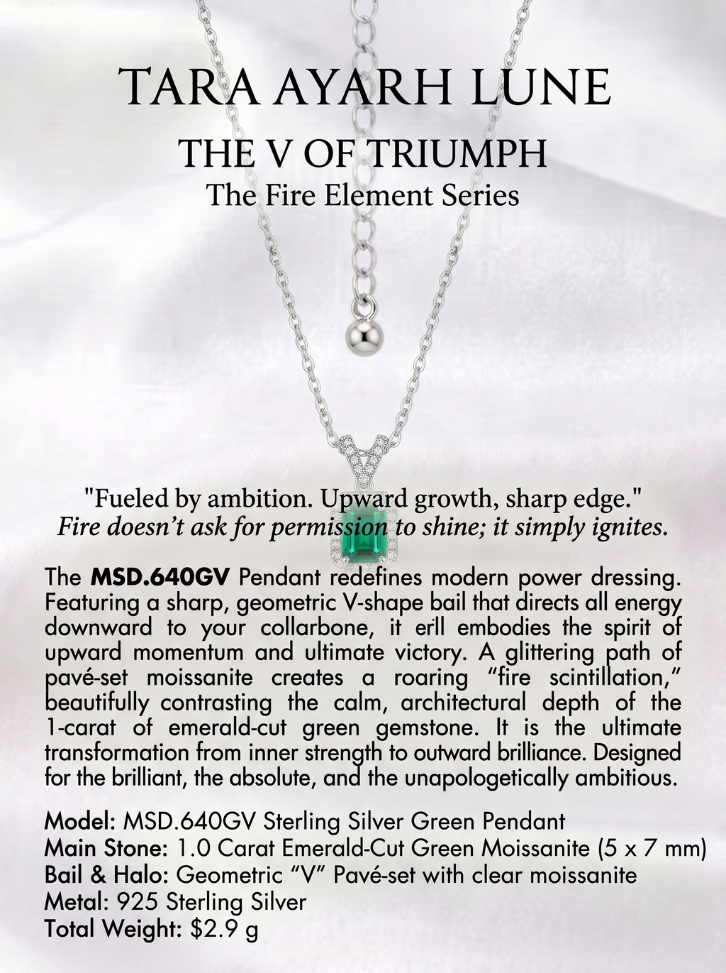 5×7mm Emerald-Cut Green Moissanite V-Pendant Necklace | Element of Fire | TARA AYARH LUNE