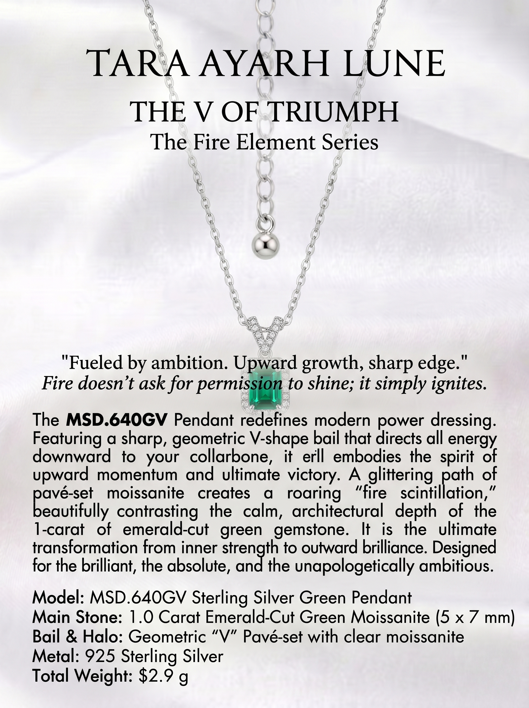 5×7mm Emerald-Cut Green Moissanite V-Pendant Necklace | Element of Fire | TARA AYARH LUNE