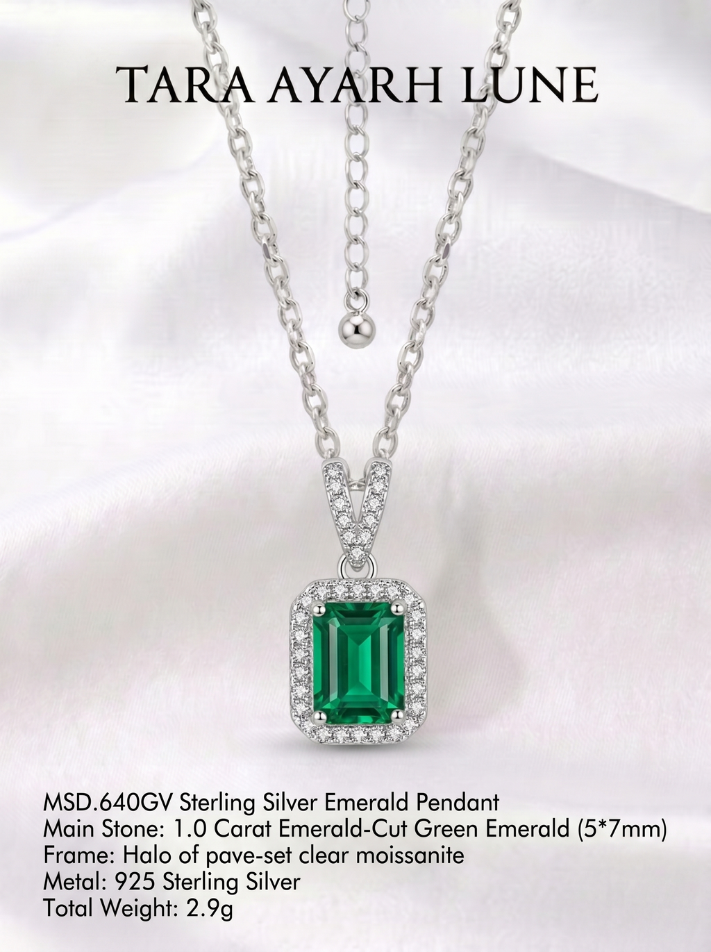 5×7mm Emerald-Cut Green Moissanite V-Pendant Necklace | Element of Fire | TARA AYARH LUNE