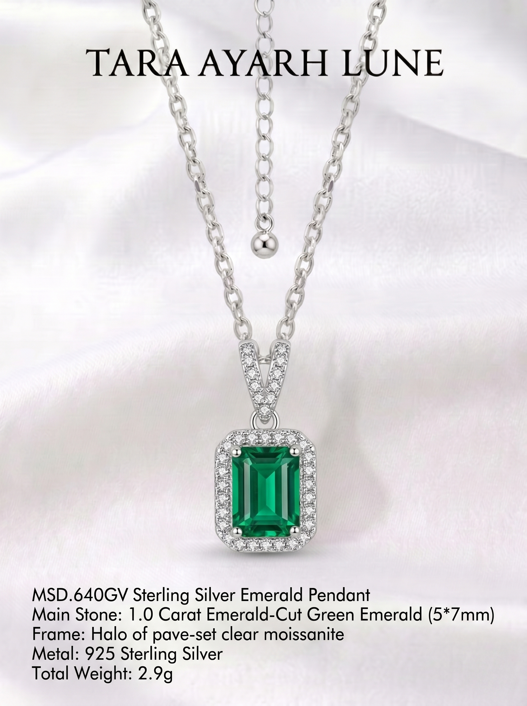 5×7mm Emerald-Cut Green Moissanite V-Pendant Necklace | Element of Fire | TARA AYARH LUNE