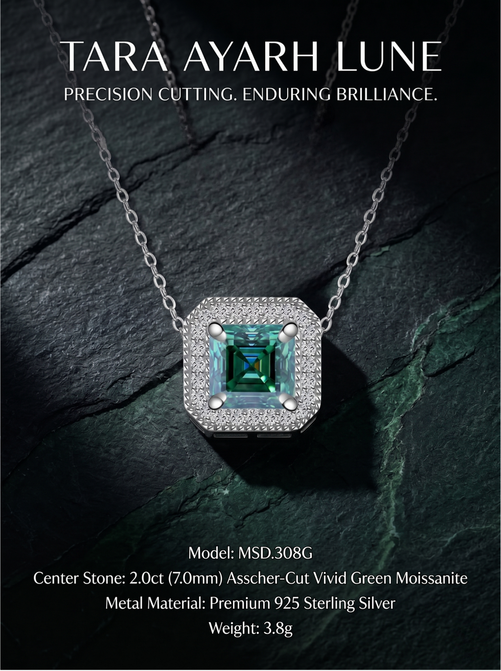 2ct Asscher-Cut Green Moissanite Milgrain Rivet Pendant Necklace | Milgrain Verdure | TARA AYARH LUNE