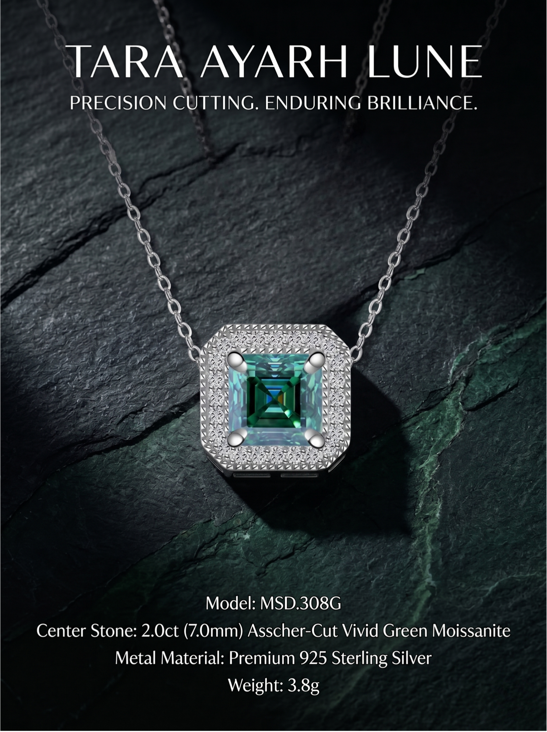 2ct Asscher-Cut Green Moissanite Milgrain Rivet Pendant Necklace | Milgrain Verdure | TARA AYARH LUNE