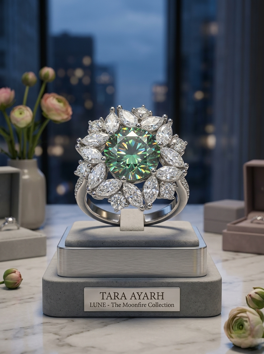 9mm Century Cut Moissanite Bloom Ring | Azure Emerald Canary Color Options | TARA AYARH LUNE