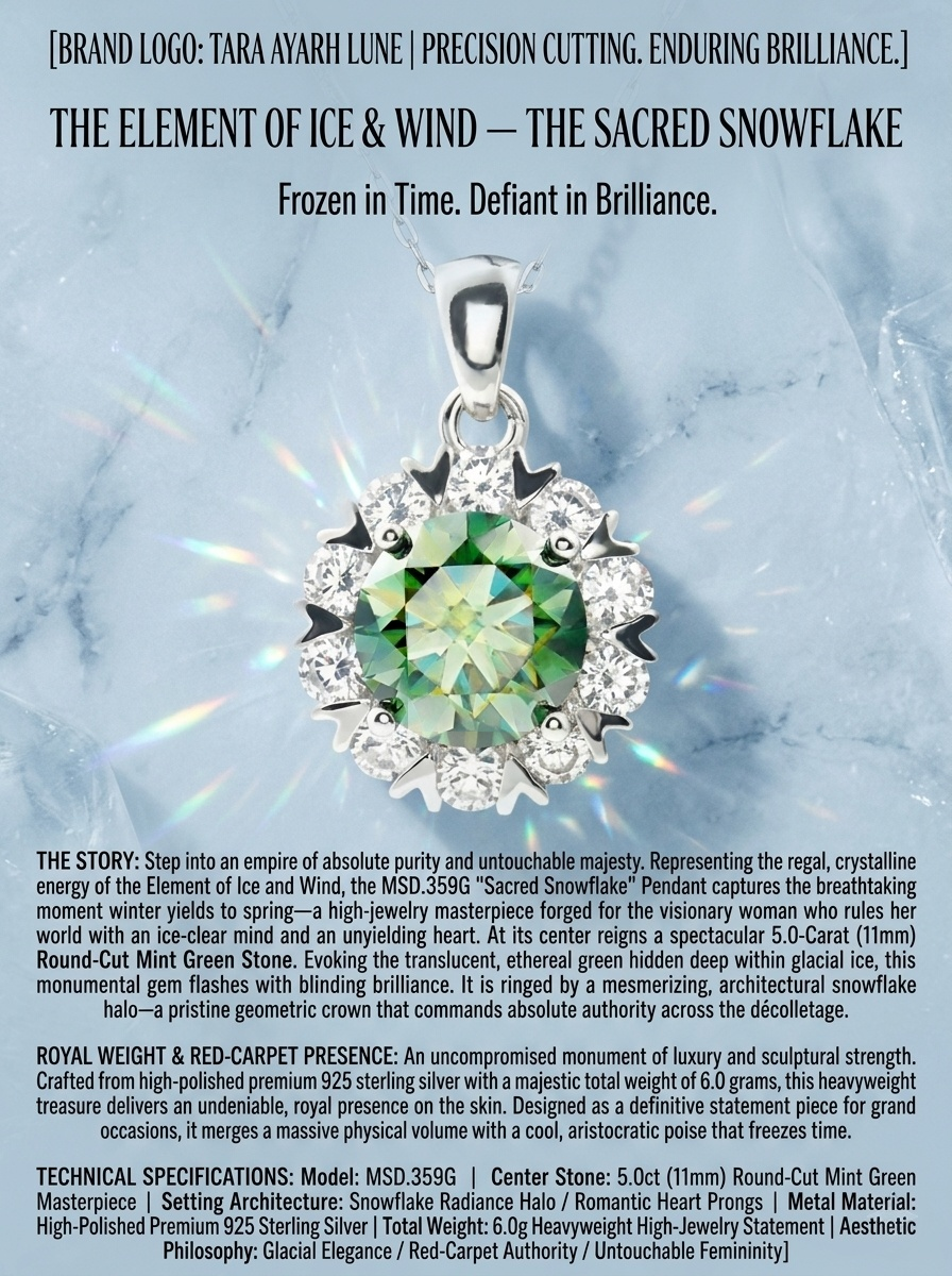 5ct Round-Cut Mint Green Moissanite Heavyweight Statement Pendant Necklace | Sovereign Mint | TARA AYARH LUNE