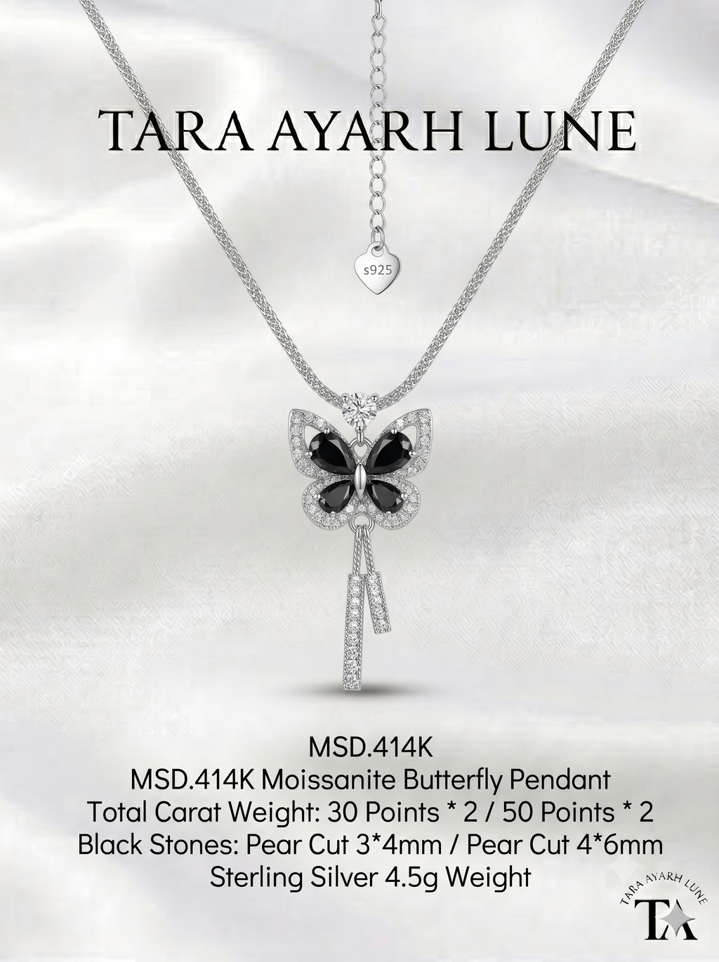 Pear-Cut Black Moissanite Butterfly Tassel Pendant Necklace | Wings of Freedom | TARA AYARH LUNE