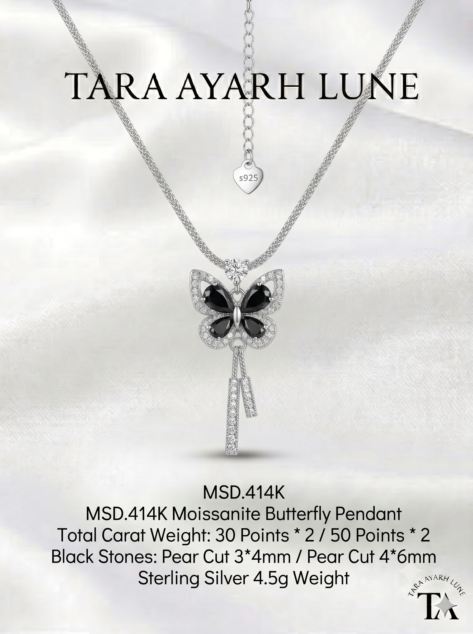 Pear-Cut Black Moissanite Butterfly Tassel Pendant Necklace | Wings of Freedom | TARA AYARH LUNE