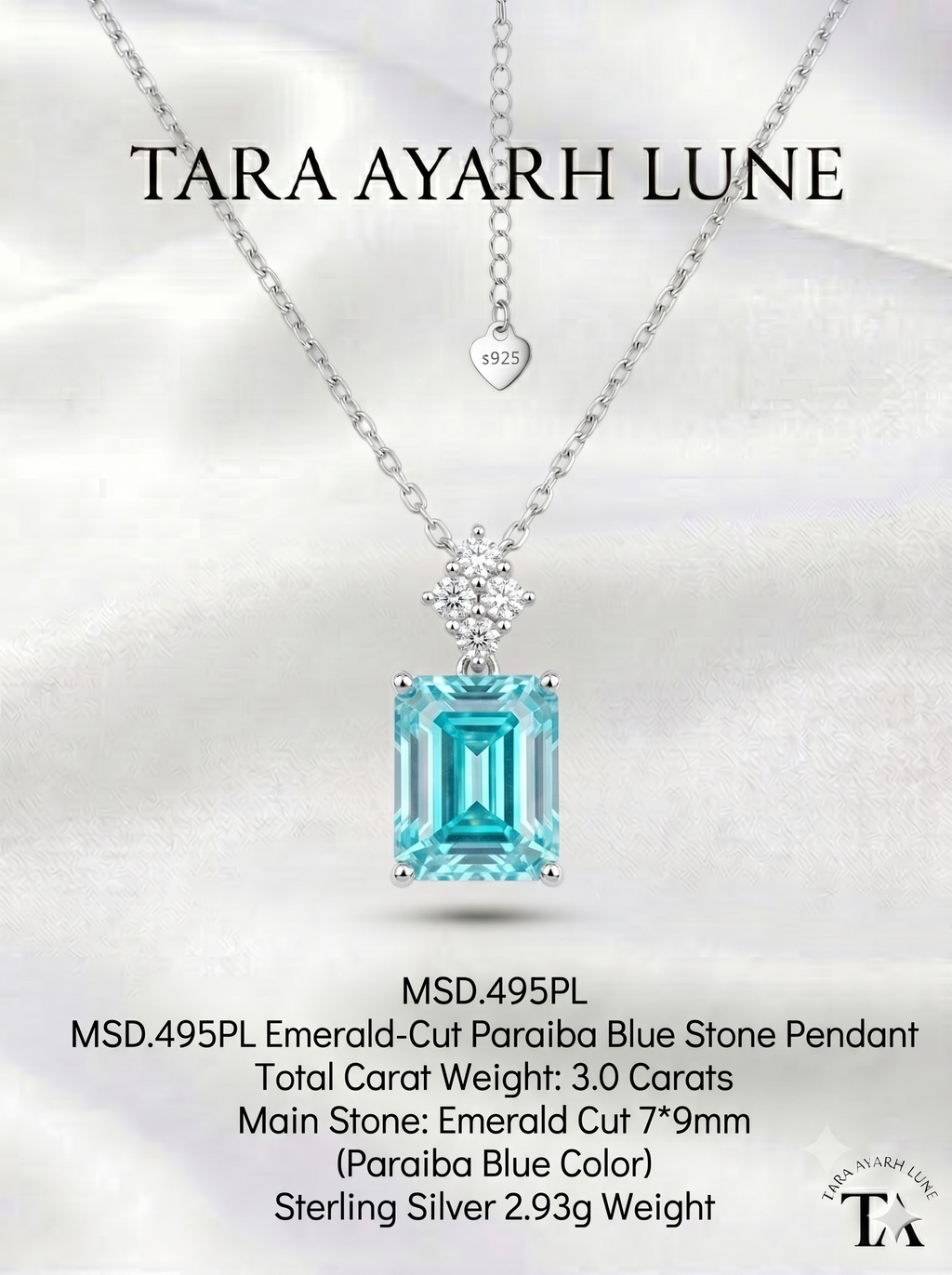 3ct Emerald-Cut Electric Blue Moissanite Geometric Pendant Necklace | Electric Prism | TARA AYARH LUNE