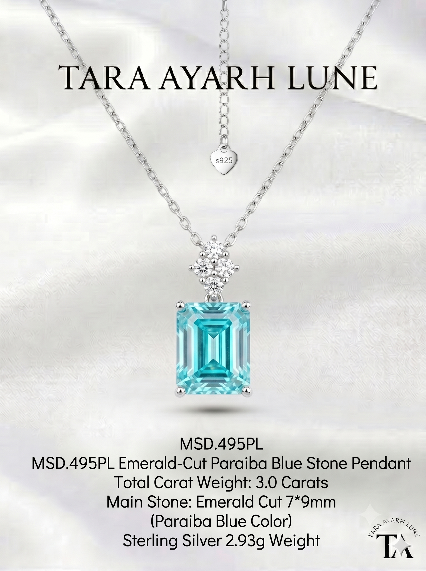 3ct Emerald-Cut Electric Blue Moissanite Geometric Pendant Necklace | Electric Prism | TARA AYARH LUNE