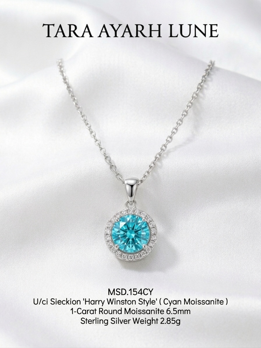 1ct Round-Cut Cyan Moissanite Halo Pendant Necklace | Pisces Tears of the Ocean | TARA AYARH LUNE