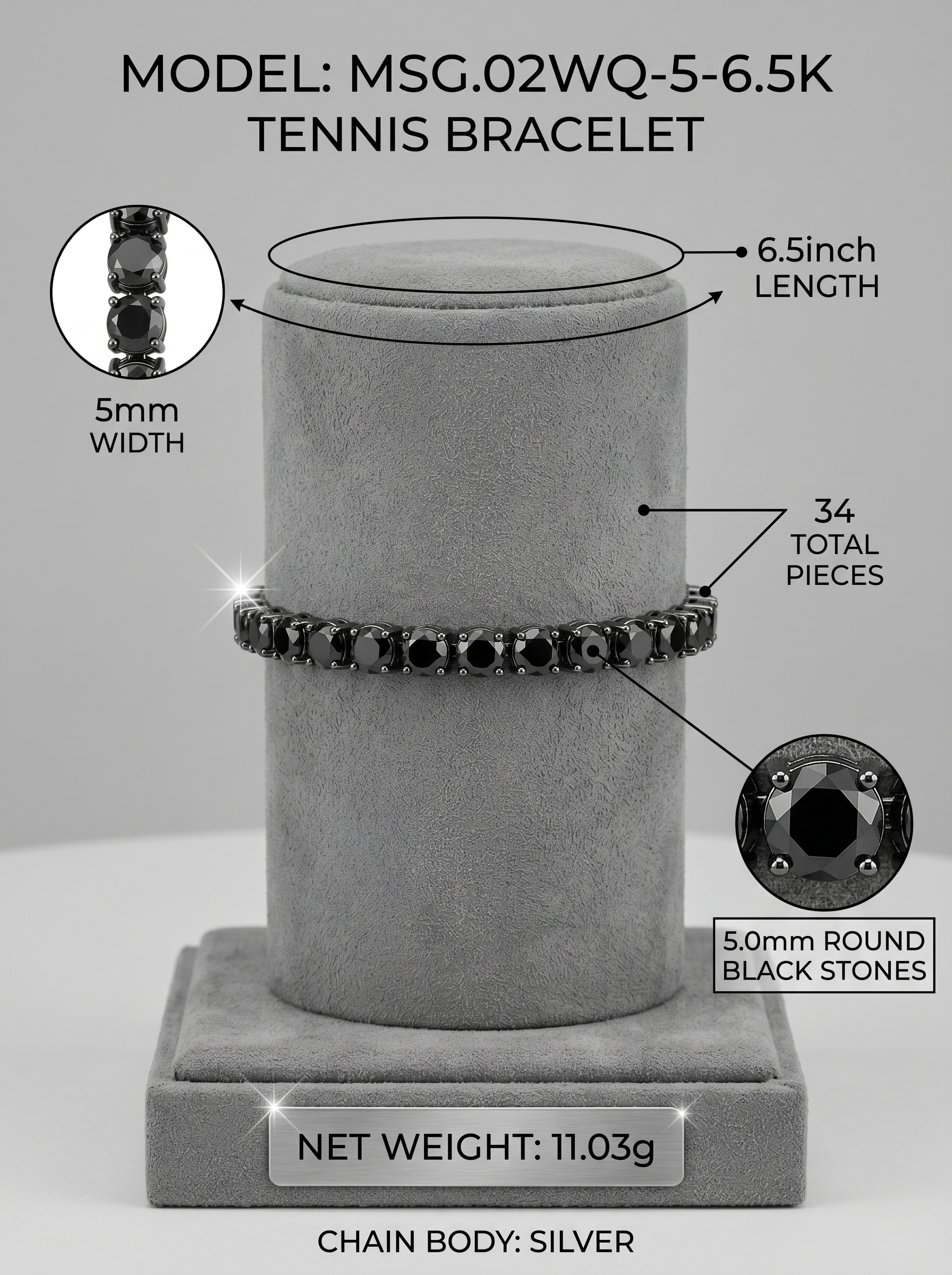 3mm Black-Plated Moissanite Tennis Bracelet | Obsidian Shield | TARA AYARH LUNE
