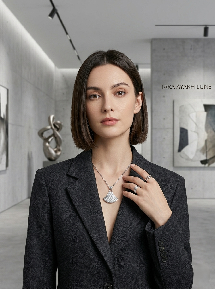 Pavé Round-Cut Moissanite Art Deco Fan Pendant Necklace | Fluid Mosaic | TARA AYARH LUNE