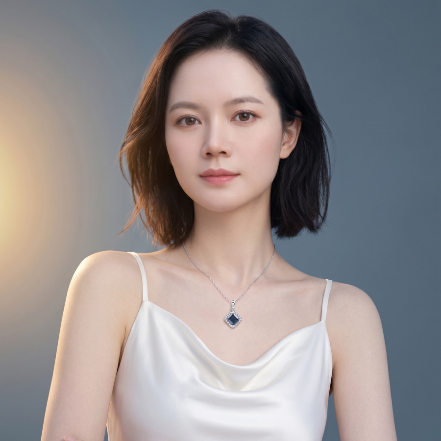 9×9mm Asscher-cut blue moissanite pendant on model — micro-pavé halo, 925 silver | TARA AYARH LUNE
