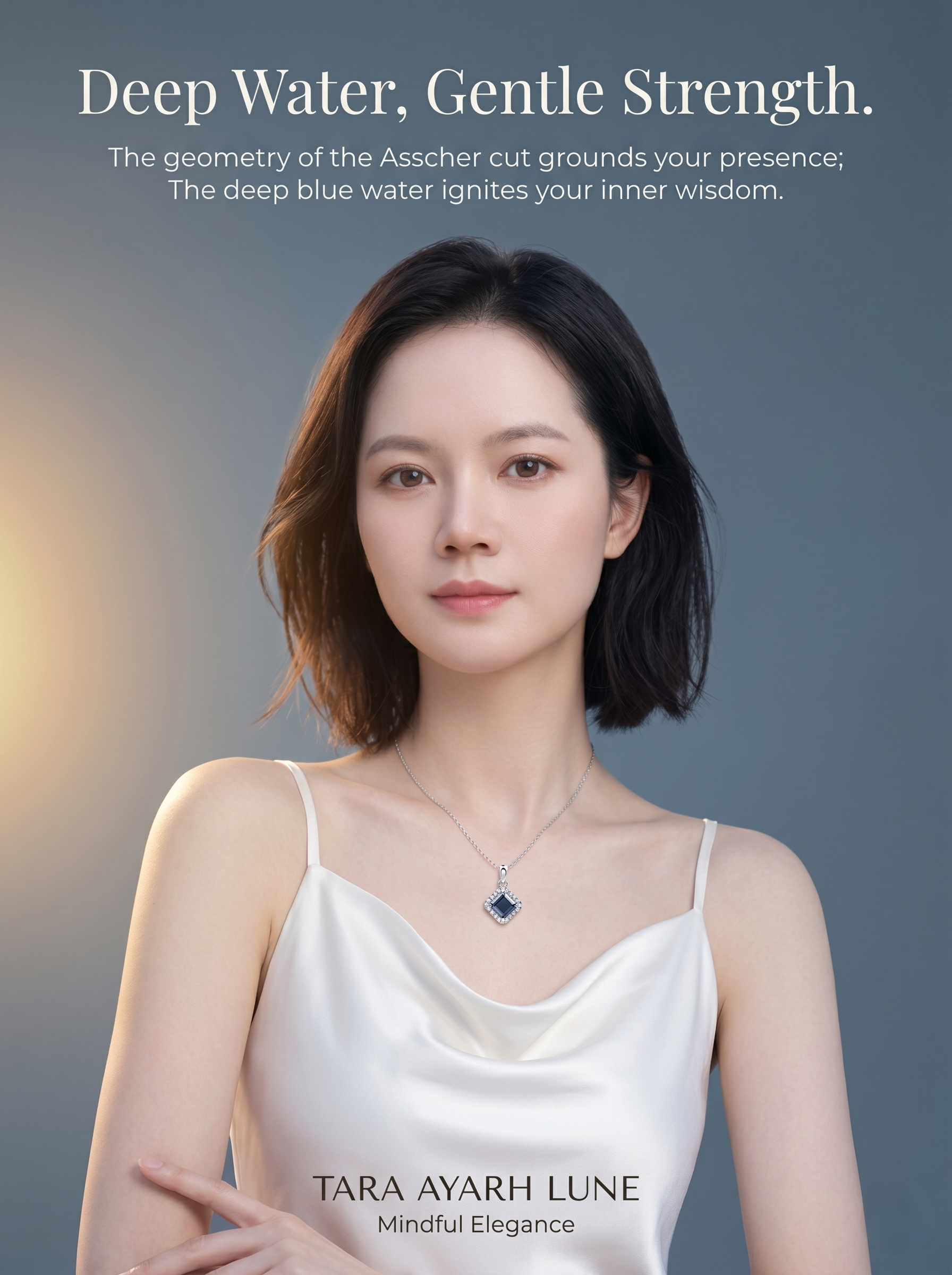 Blue moissanite Asscher-cut pendant on model — hall-of-mirrors step-cut, collarbone | TARA AYARH LUNE