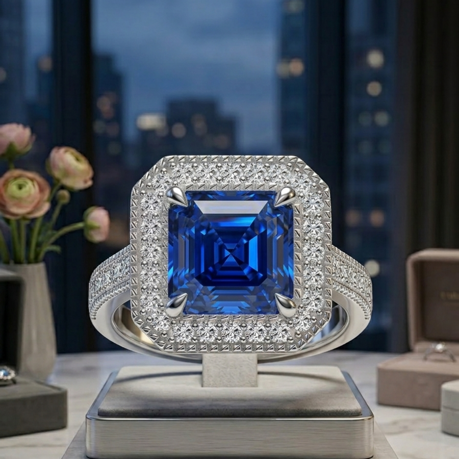 3ct asscher-cut blue moissanite statement ring — grand horizon setting, VVS1, 925 sterling silver | TARA AYARH LUNE