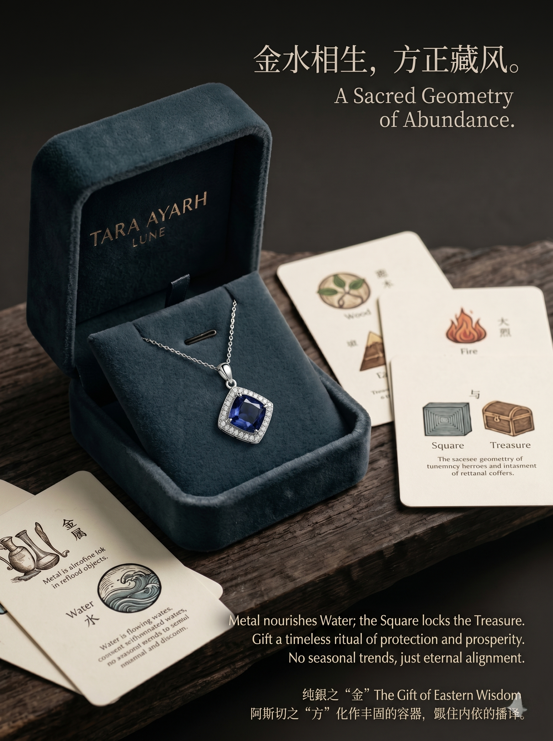 Asscher-cut moissanite pendant spec card — VVS1, 3.5g, blue & green | TARA AYARH LUNE